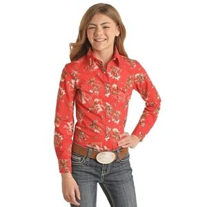 Panhandle Girls Red Bronco Pearl Snap Long Sleeve Shirt Western Cowgirl. Sz- M